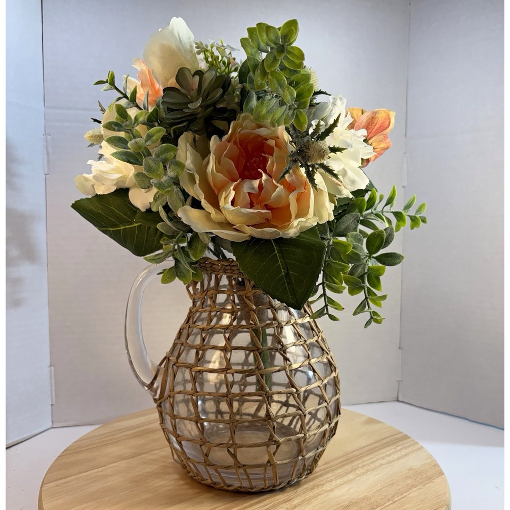 Artificial Succulent Floral Arrangement Centerpiece 9.5in Glass Pitcher Wicker